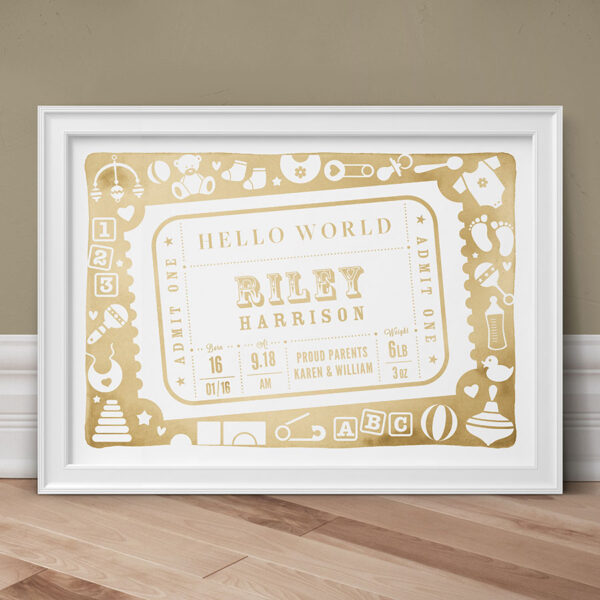 Admit One Personalised New Baby Print -Stone